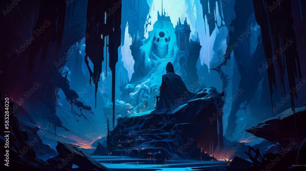 Poster an image of castle in the middle of dark cave. generative ai.