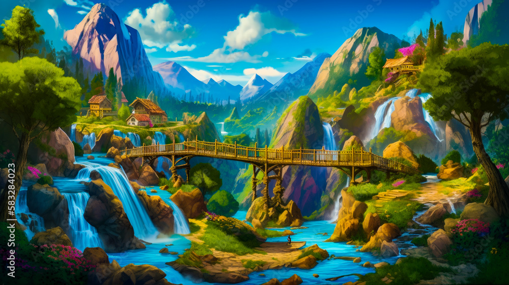 Aufkleber an animated landscape with bridge and waterfall. generative ai.