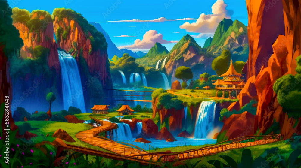 Poster an animated landscape with waterfalls and bridge. generative ai.