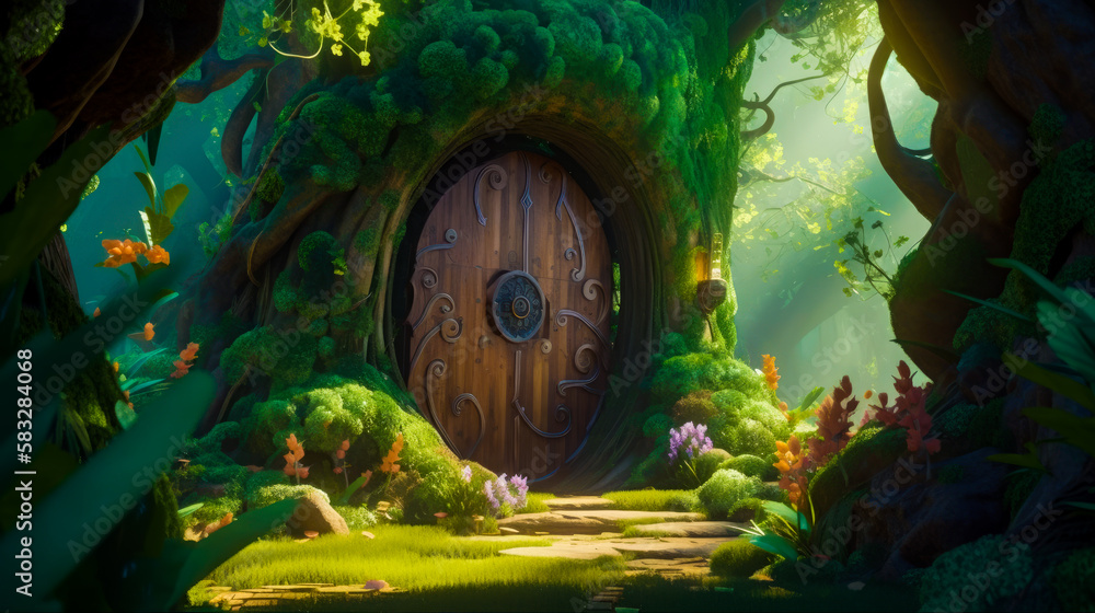 Poster an image of door in the middle of forest. generative ai.