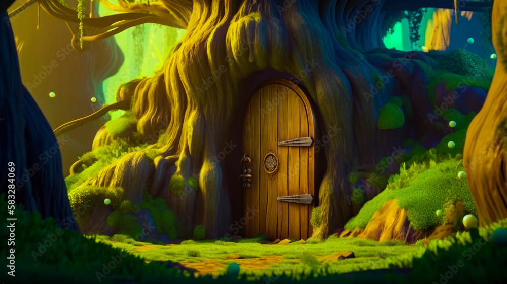 Poster an animated scene with door in the middle of forest. generative ai.