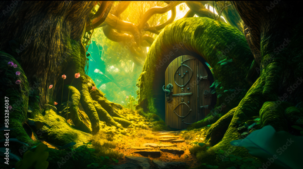 Poster an image of door in the middle of forest. generative ai.