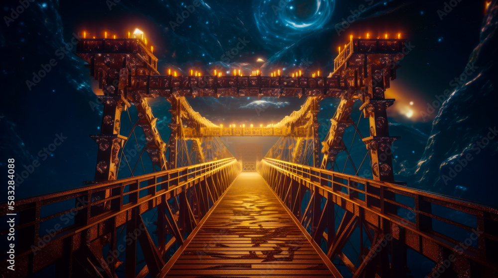 Poster an image of bridge in the middle of space. generative ai.