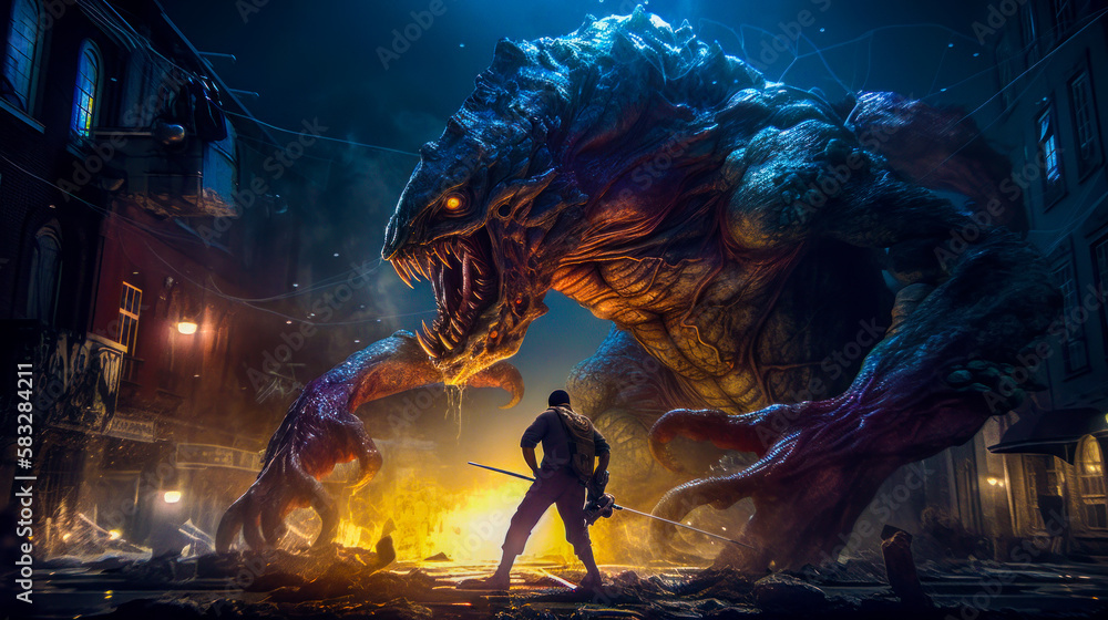 Poster video game character standing in front of giant monster. generative ai.