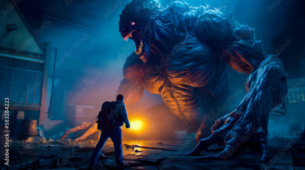 Poster man standing in front of giant monster in dark room. generative ai.