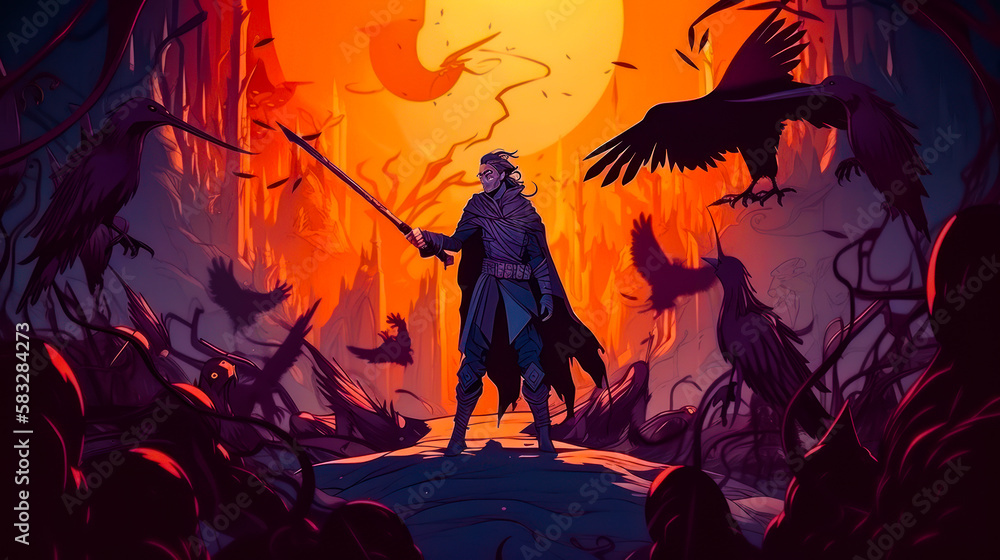 Poster man with sword standing in front of crows. generative ai.
