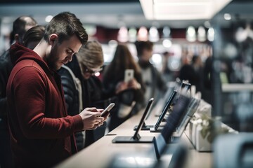 Man in technology store using smartphone QR code to look for information about product. Generative AI