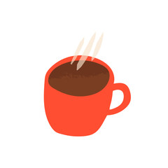 Cute retro-style cup of coffee or cacao. Espresso in a red coffee mug with vapor. Morning energy symbol.