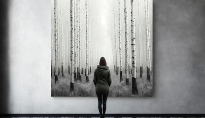 Woman Standing in front of large photography print of moody foggy birch tree forest. Created with generative AI.