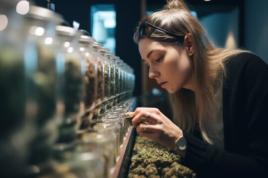 Young woman choosing some cannabis buds from shop. Generative AI