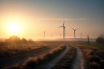 Obraz premium Windmills in rural area at sunset. Generative AI