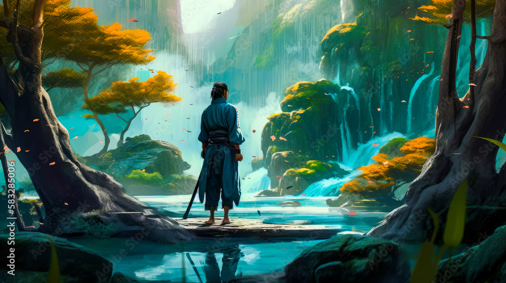 Poster man standing in front of waterfall in forest. generative ai.