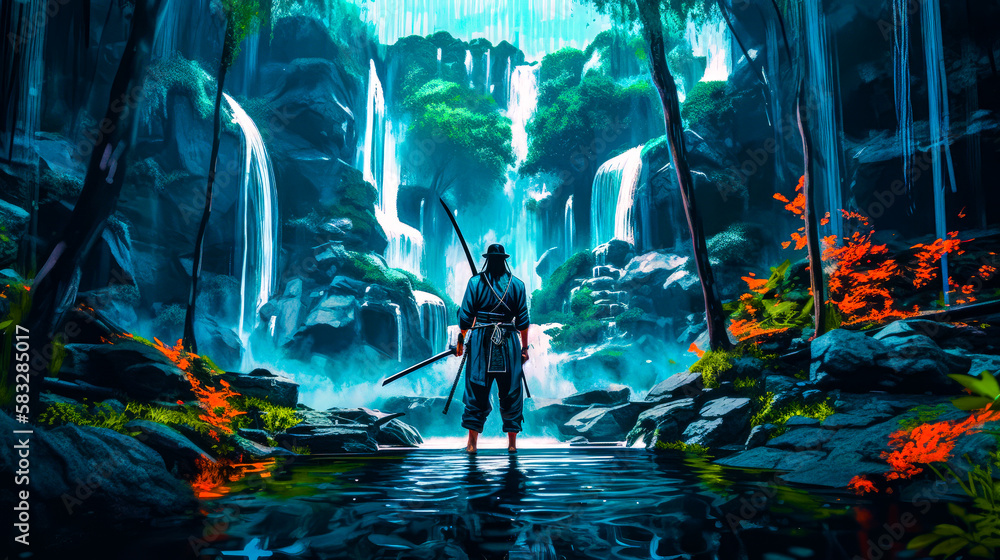 Aufkleber man with sword standing in front of waterfall. generative ai.