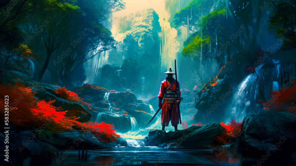 Poster an image of samurai standing in front of waterfall. generative ai.