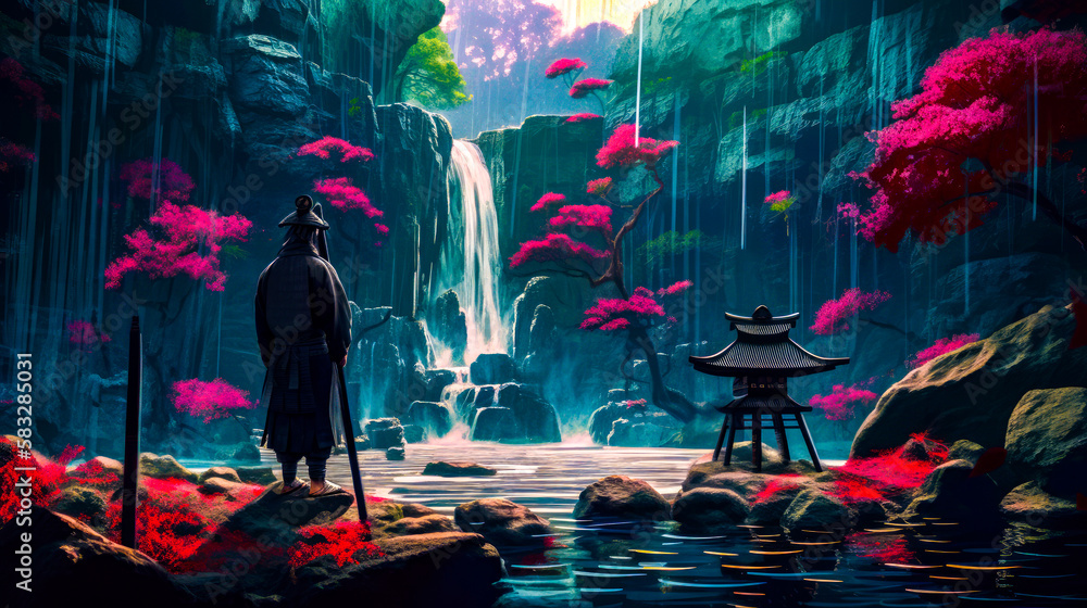 Aufkleber man standing in front of waterfall. generative ai.
