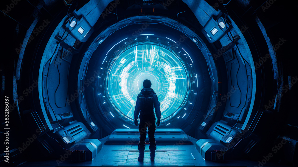 Aufkleber person standing in front of an alien spaceship. generative ai.