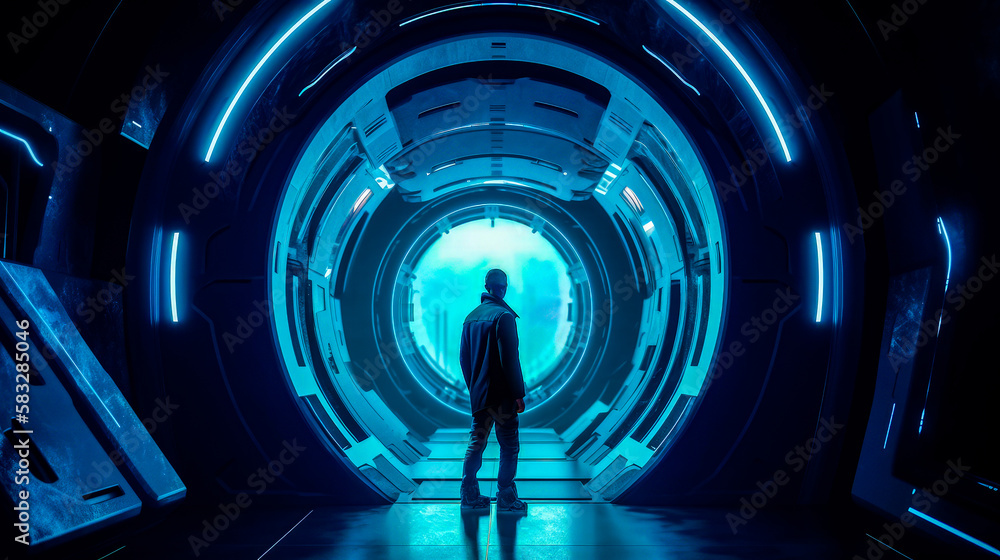 Aufkleber man standing in the middle of futuristic tunnel. generative ai.