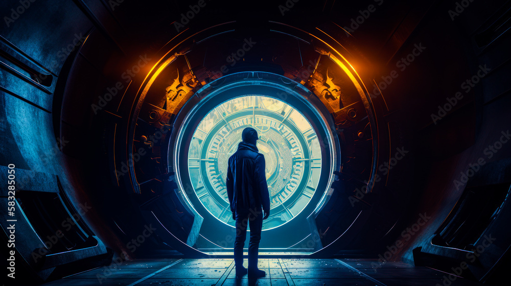 Aufkleber man standing in front of large circular door. generative ai.