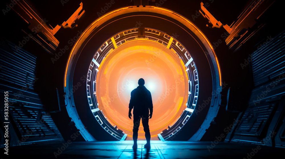 Poster man standing in front of futuristic door. generative ai.