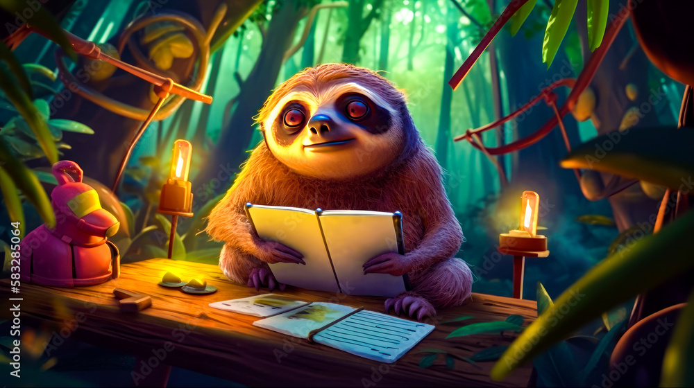 Poster sloth is reading book in the jungle. generative ai.