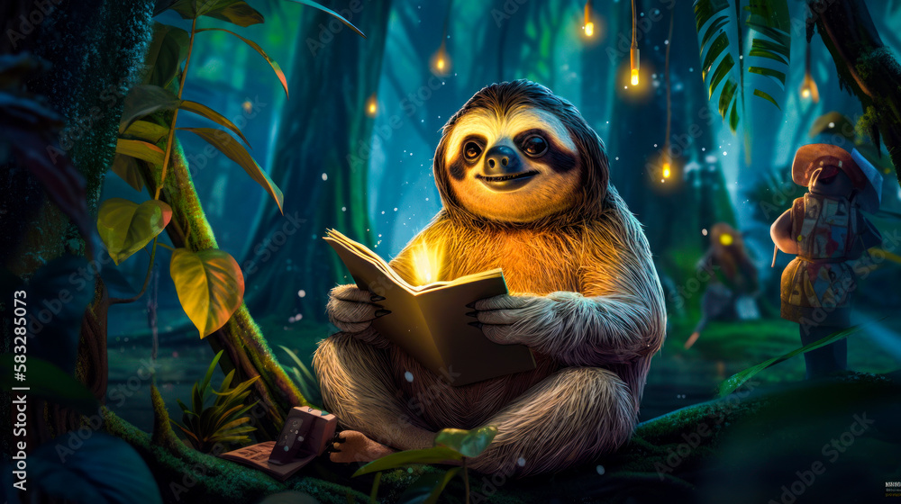 Poster sloth is reading book in the jungle. generative ai.