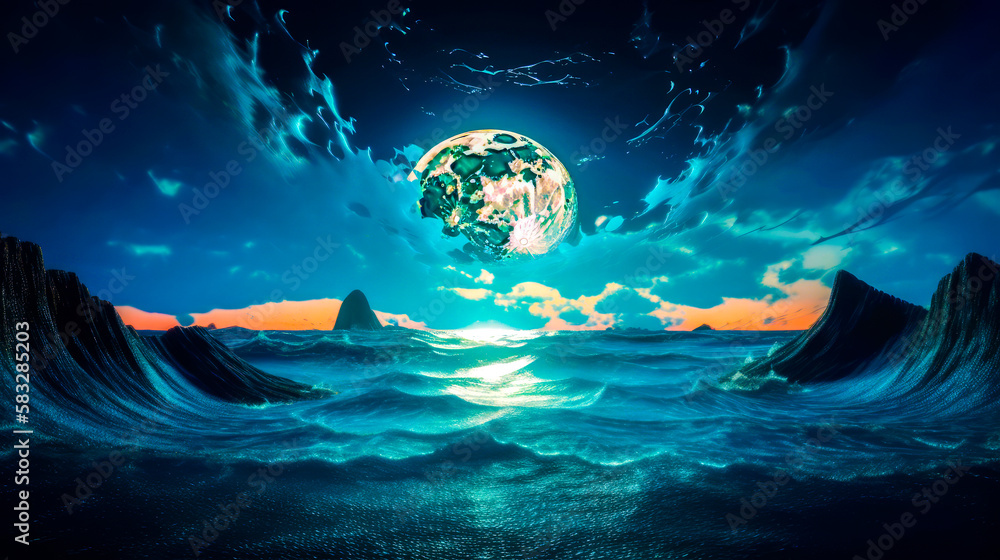 Poster an image of the earth in the middle of the ocean. generative ai.