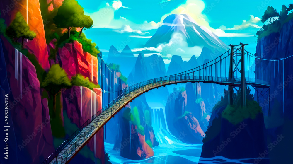 Poster bridge over river with mountains in the background. generative ai.