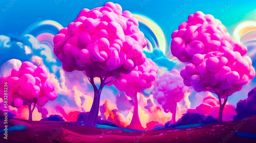 Poster pink trees in the sky with clouds. generative ai.