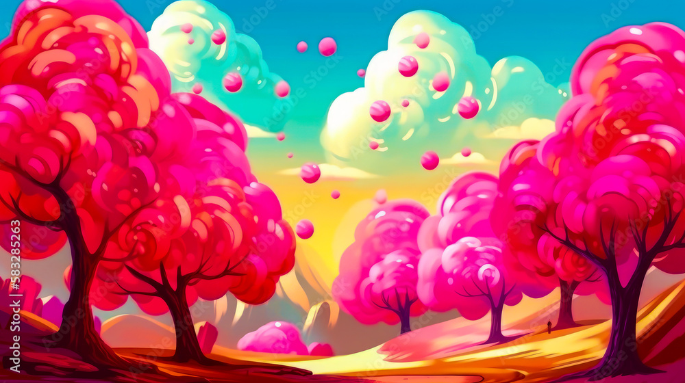 Poster an animated painting of pink trees and clouds. generative ai.
