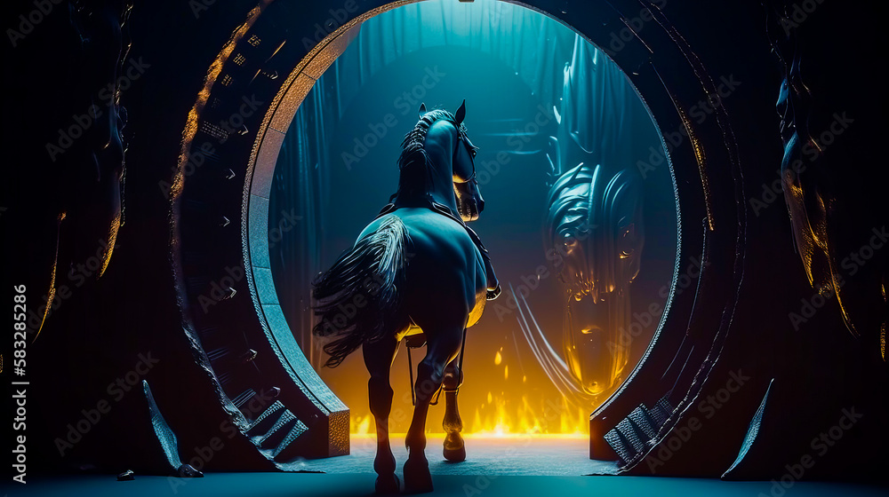 Poster an image of horse walking through dark tunnel. generative ai.