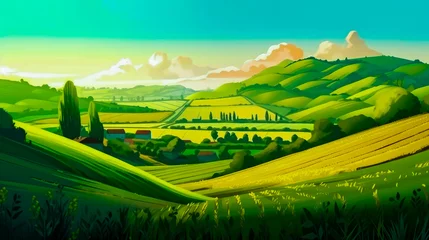 Gordijnen Painting of green landscape with hills and trees. Generative AI. © Констянтин Батыльчук