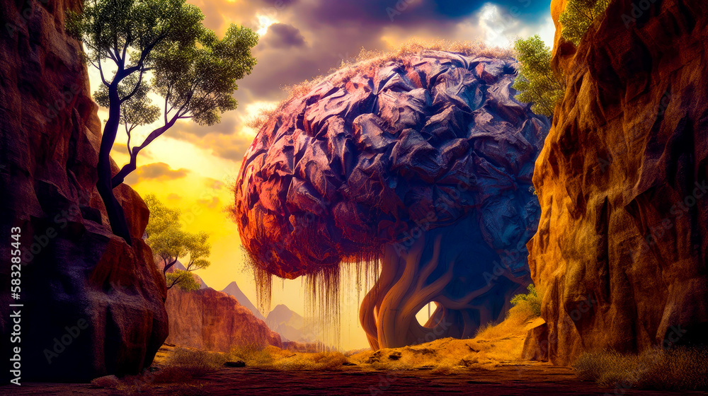Poster an image of tree in the middle of desert. generative ai.