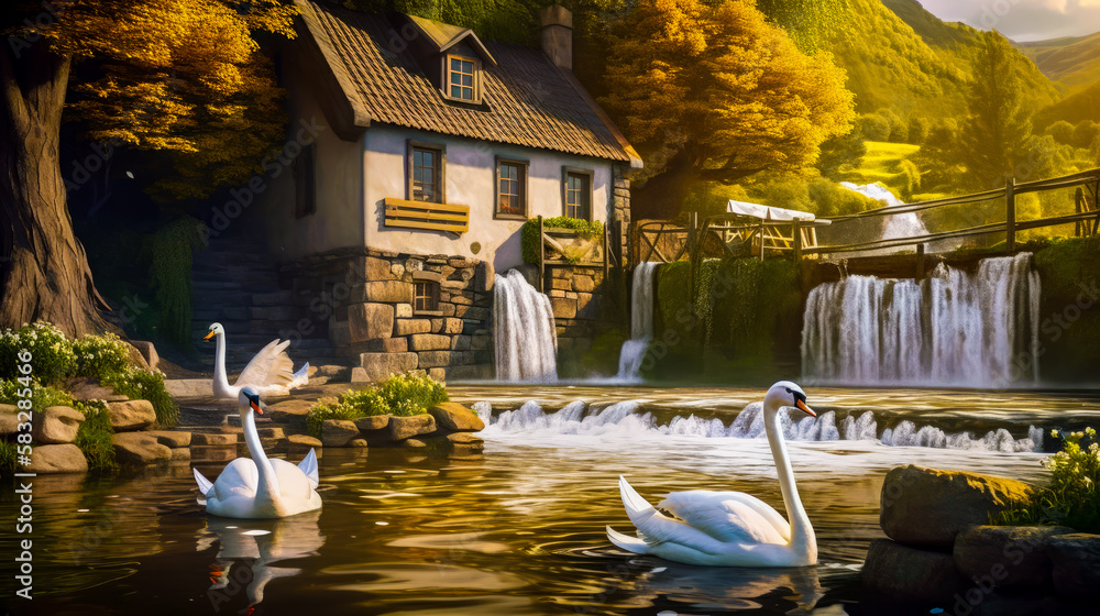 Poster swans in front of waterfall with house in the background. generative ai.