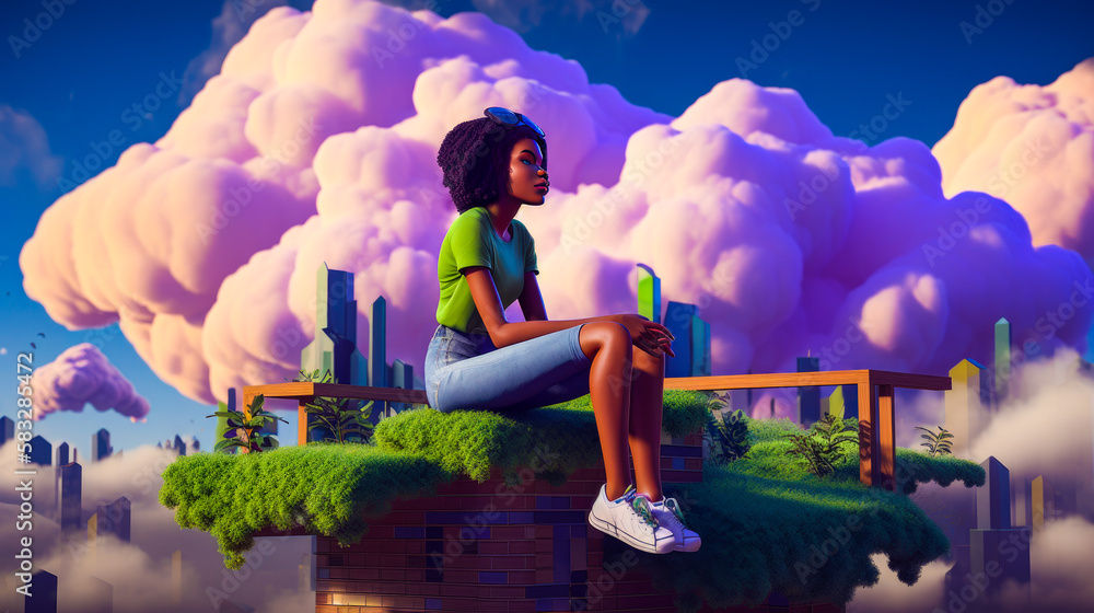 Poster girl sitting on top of building with clouds in the background. generative ai.