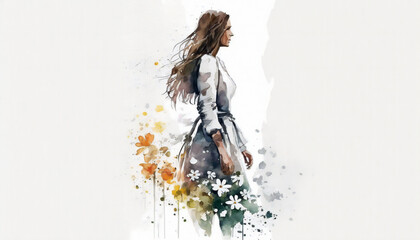 Woman Surrounded by Blooming Flowers, isolated on white background - watercolor style illustration background by Generative Ai