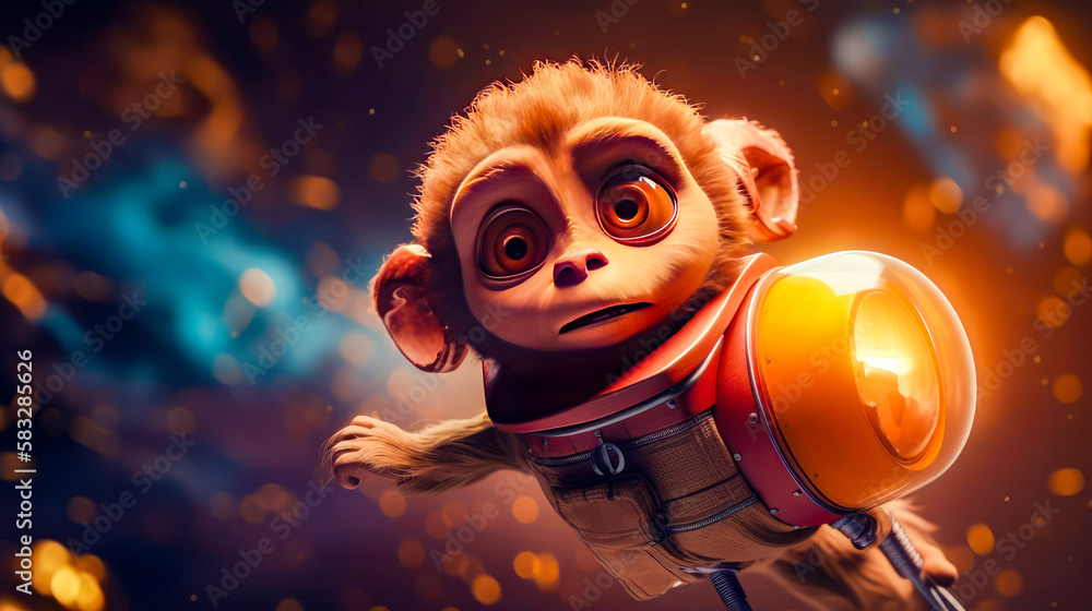 Poster cartoon monkey in space with helmet on. generative ai.
