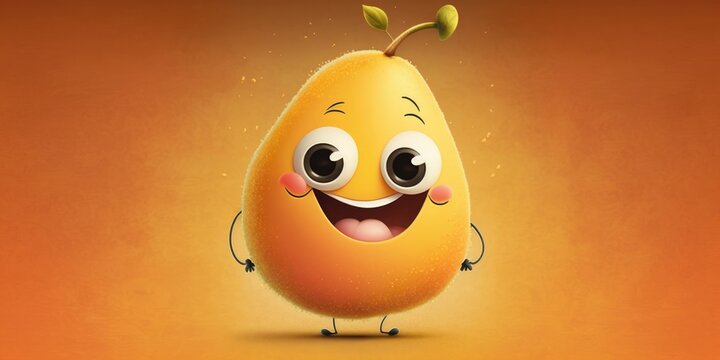 Naklejki Happy smiling yellow pear face cartoon character, funny cute fruit sticker color personage icon isolated on orange background, healthy organic vegan diet food. AI generative.