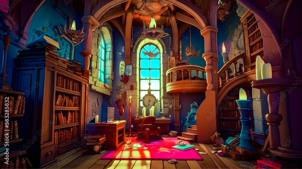 Poster an image of room in fantasy setting. generative ai.