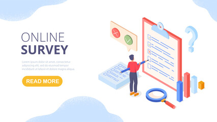 Isometric survey concept. Man with pencil stands near large document and puts ticks and crosses, answers questions. User feedback and opinion, audience marketing research. Cartoon vector illustration