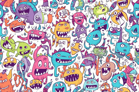 Seamless pattern with children's monster drawings. Generative AI