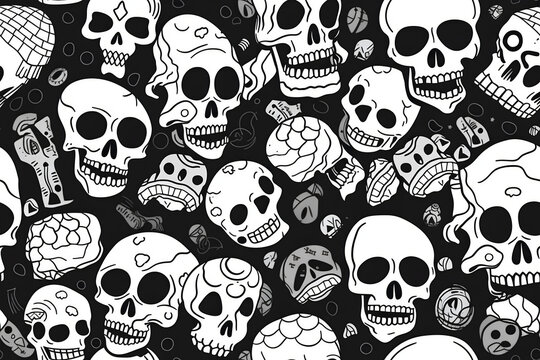 Seamless pattern with skulls on a black background. Generative AI