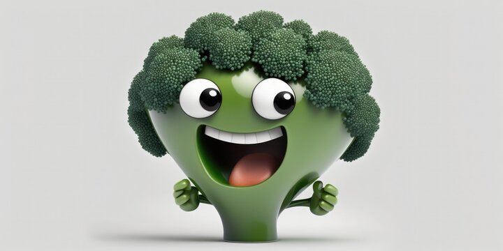 Happy smiling crazy green broccoli cartoon face character, funny cute vegetable sticker color personage icon isolated on white background, healthy organic vegan diet food. AI generative.