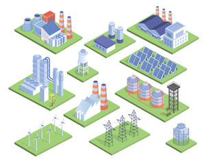 Power plants set. Alternative energy and fuel. Collection of stations for production of electricity. Solar panels and windmills. Cartoon isometric vector illustrations isolated on white background - obrazy, fototapety, plakaty