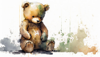 Sad Teddy Bear, isolated on white background - watercolor style illustration background by Generative Ai