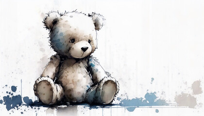 Sad Teddy Bear, isolated on white background - watercolor style illustration background by Generative Ai