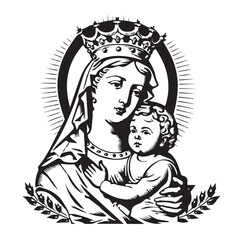 Virgin Mary, Our Lady. Hand drawn vector illustration. Black silhouette svg of Mary, laser cutting cnc. - obrazy, fototapety, plakaty