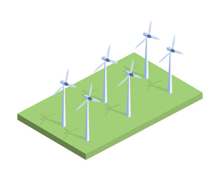 White windmills concept. Alternative energy source, care for ecology and environment. Renewable electricity and sustainable lifestyle. Cartoon isometric vector illustration