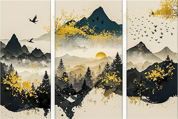 Triptych wall art of a mountains, golden, white and black colours, landscape, generative ai