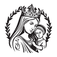 Virgin Mary, Our Lady. Hand drawn vector illustration. Black silhouette svg of Mary, laser cutting cnc.