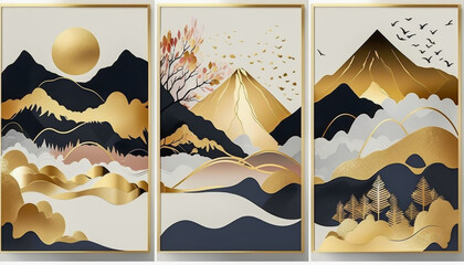 Triptych wall art of a mountains, golden, white and black colours, landscape, generative ai - obrazy, fototapety, plakaty